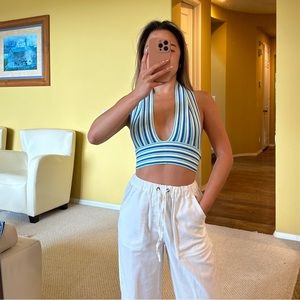 Blue knit halter crop top